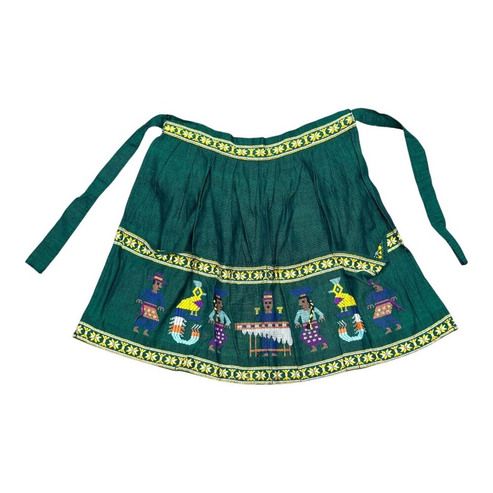 Vintage Guatamala Folk Art Green Half Apron Dance Embroidery & Ties Tribal